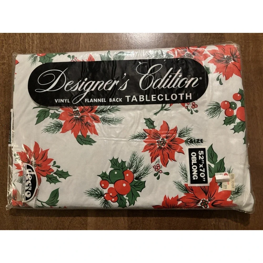 Vintage Tablecloth 52x70 Oblong Vinyl Flannel Back USA Decro Designer Edit 3644